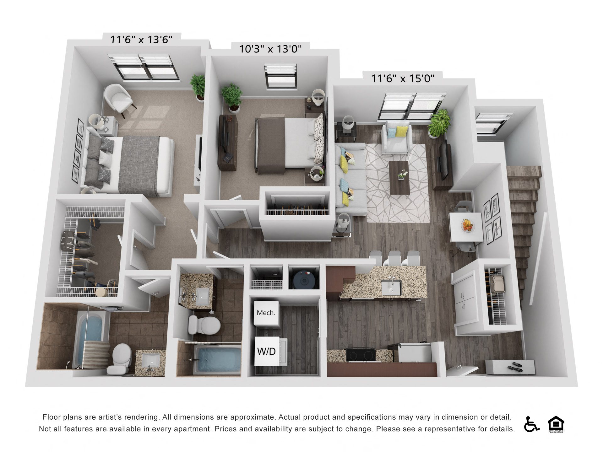 Floor plan for 2 beds, 2 baths, 1036 sqft